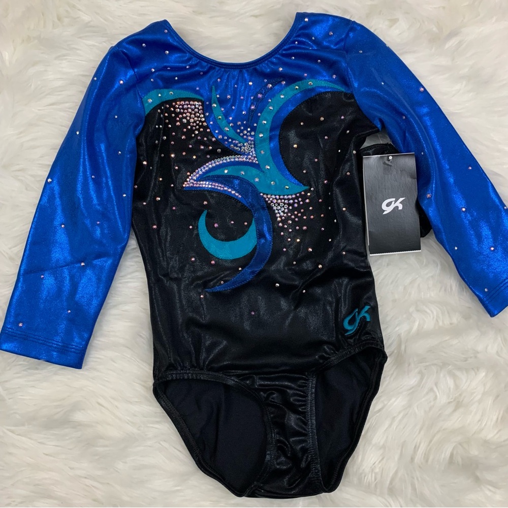 NEW GK Black and Blue Rhinestone Sleeved Shimmer Competition Gymnast Leotard